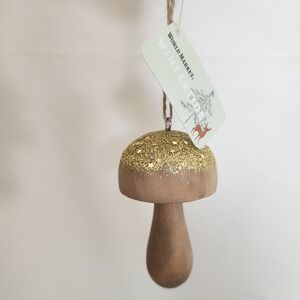 NWT World Market Gold Glitter Light Brown Wood Mushroom Ornament Winter Tide
